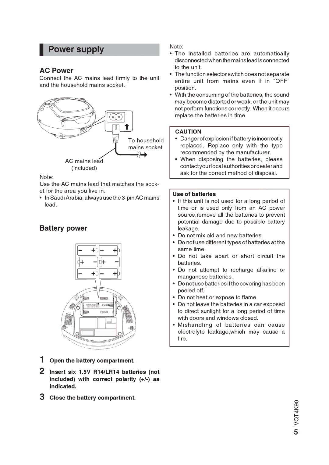 Panasonic RX-DU10 operating instructions Power supply, AC Power, Battery power, Use of batteries 