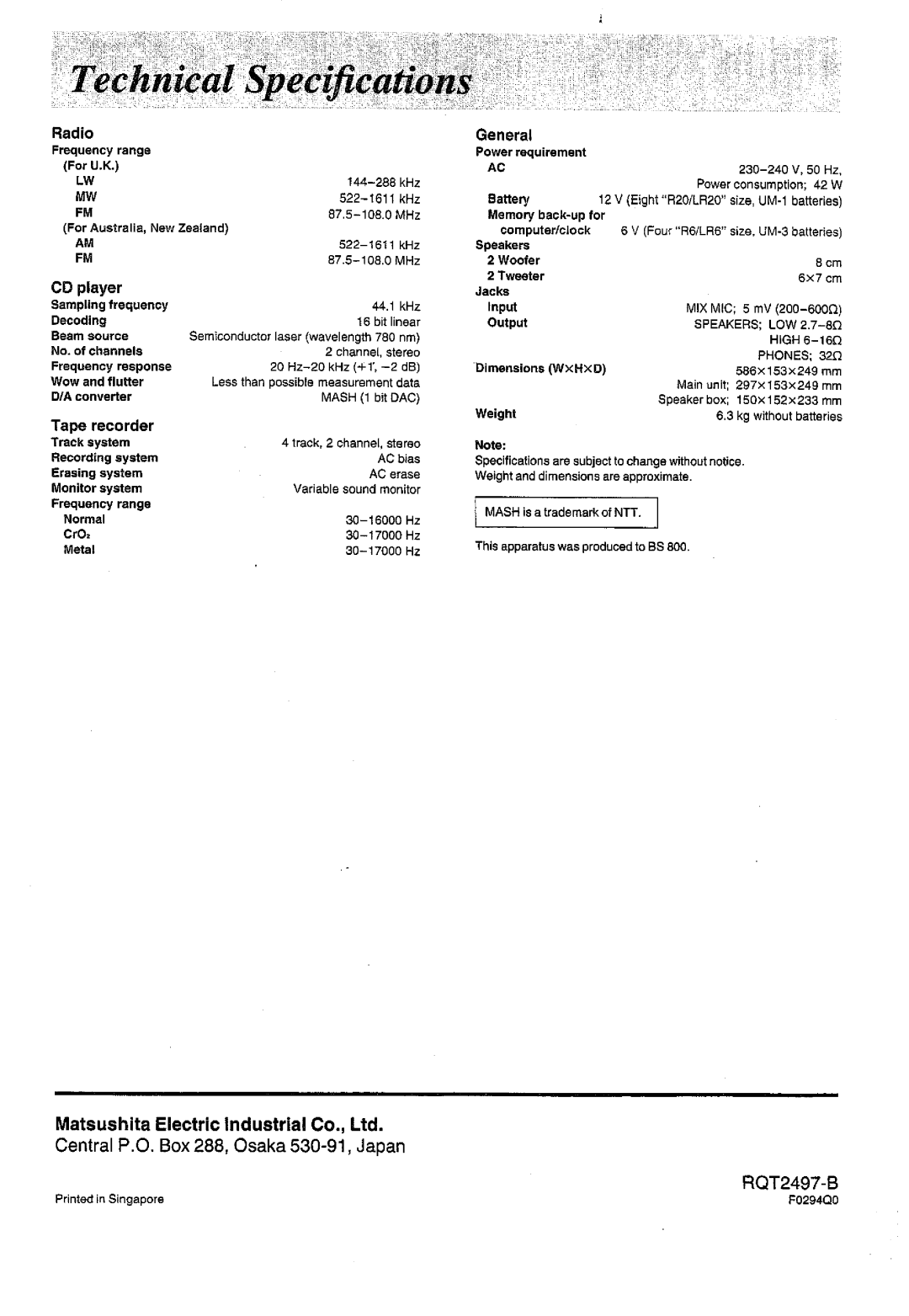 Panasonic RX-E300 manual 