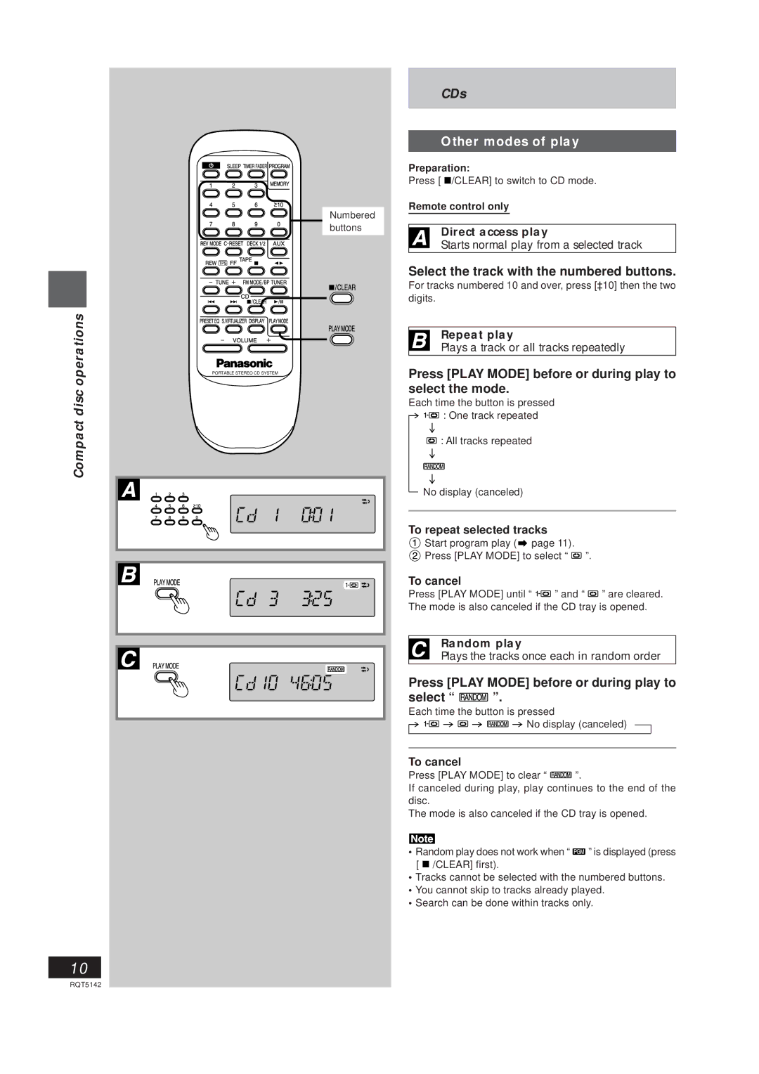 Panasonic RX-ED50 manual Compact disc operations, CDs, Other modes of play 