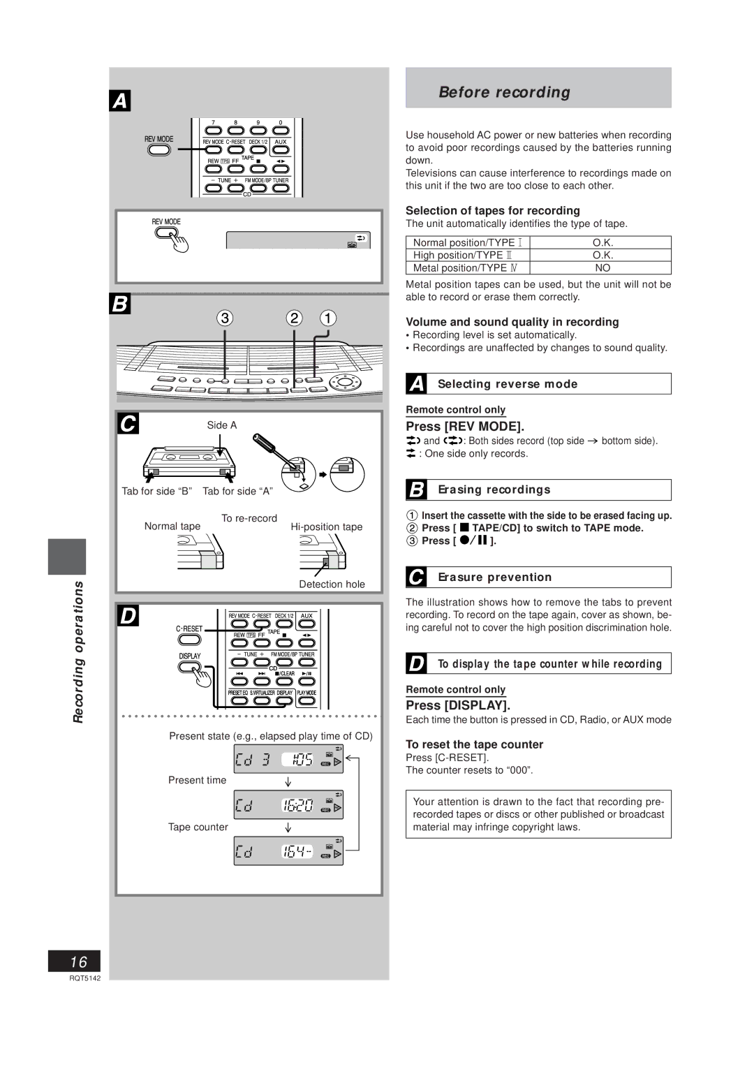 Panasonic RX-ED50 manual Before recording, Recording operations, Erasing recordings, Erasure prevention 