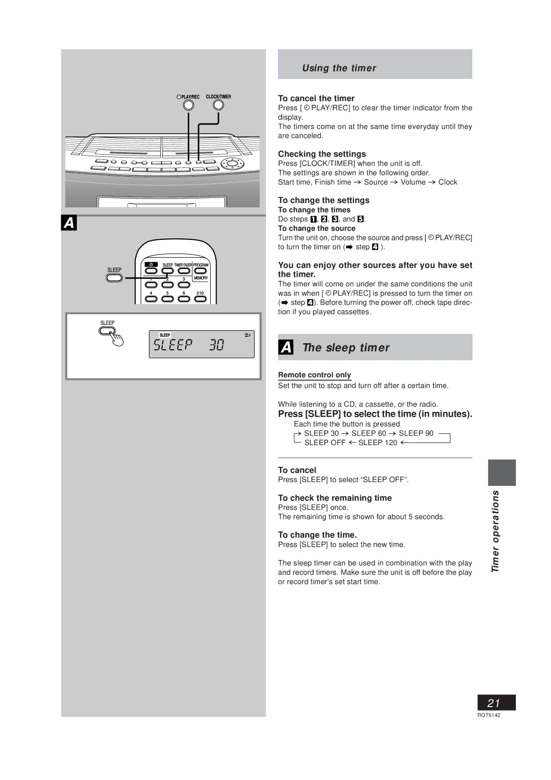 Panasonic RX-ED50 manual Sleep timer, Using the timer, Press Sleep to select the time in minutes 