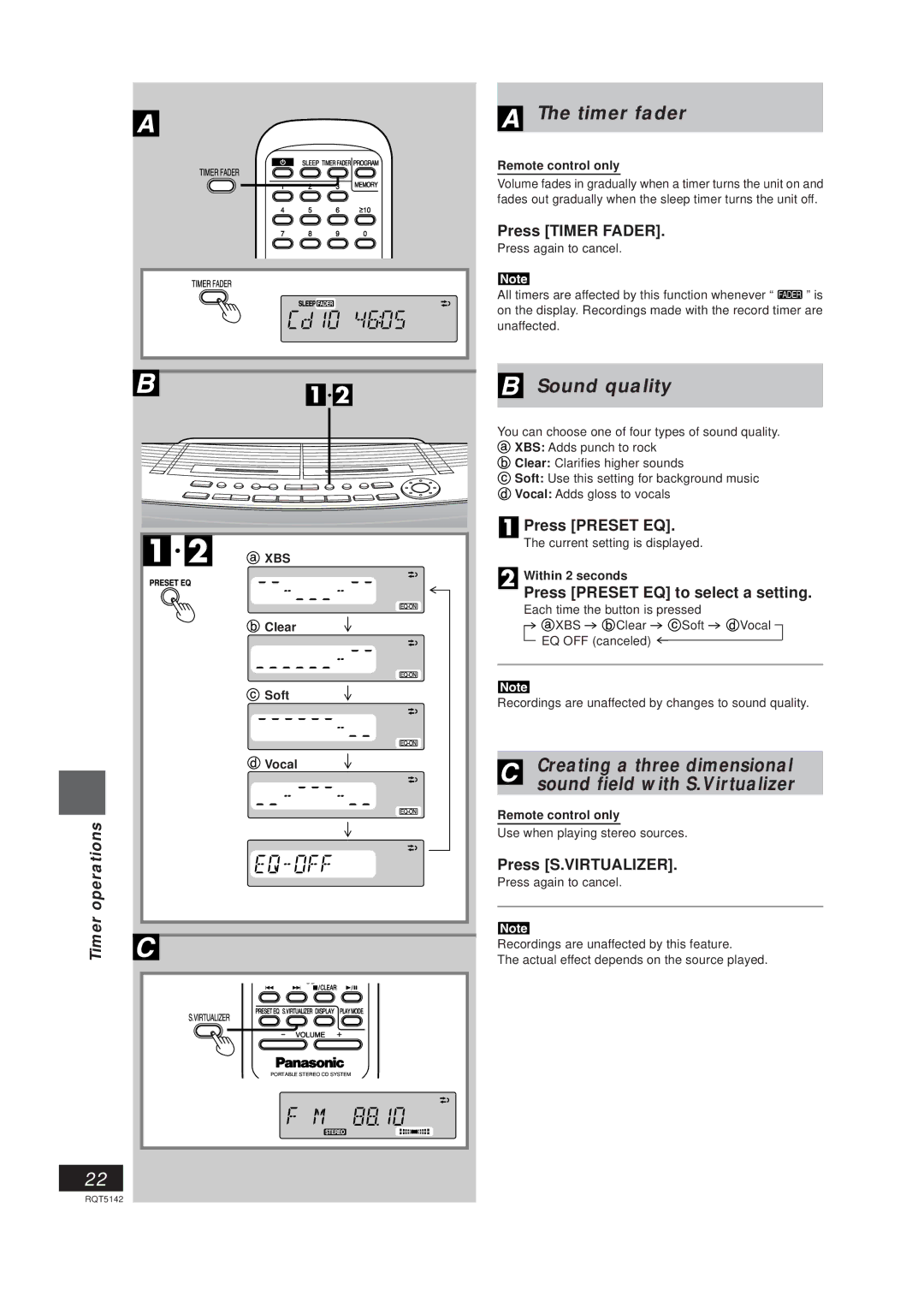 Panasonic RX-ED50 manual Timer fader, Sound quality, Creating a three dimensional sound field with S.Virtualizer 