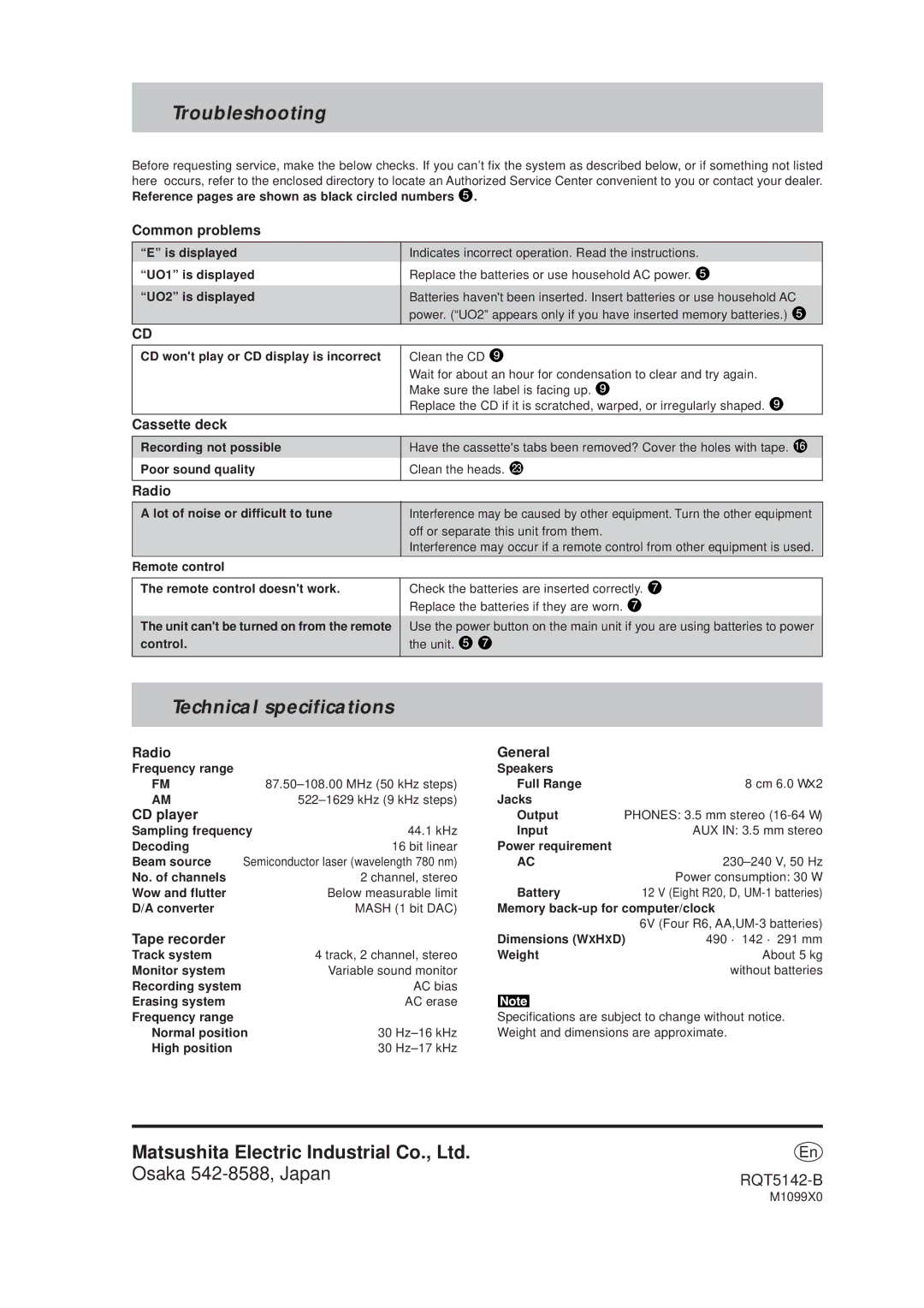 Panasonic RX-ED50 manual Troubleshooting, Technical specifications 