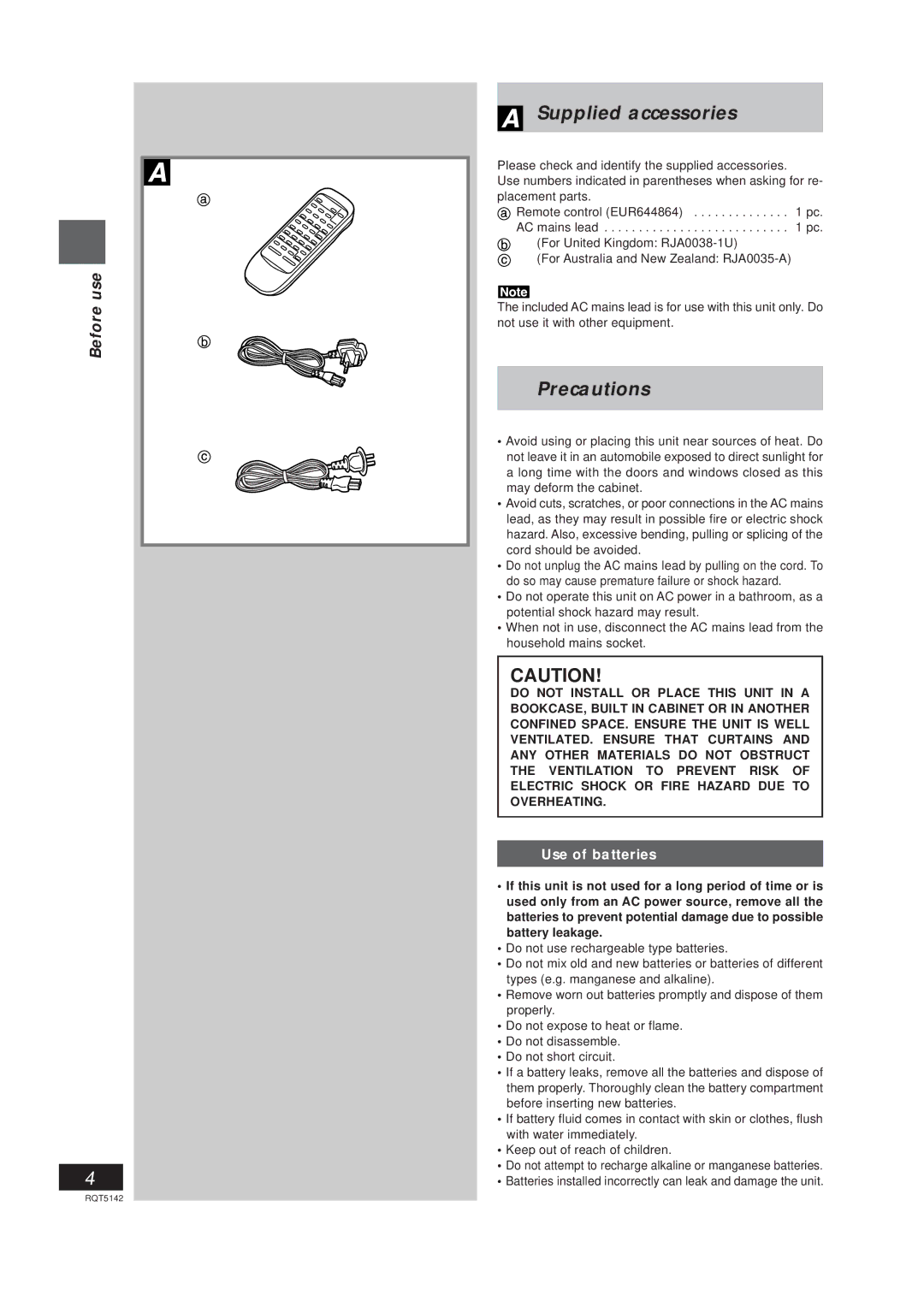 Panasonic RX-ED50 manual Supplied accessories, Precautions 