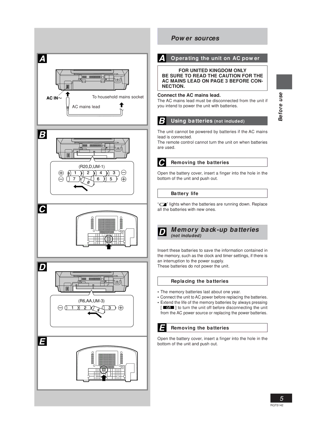 Panasonic RX-ED50 Power sources, Memory back-up batteries, Operating the unit on AC power, Using batteries not included 