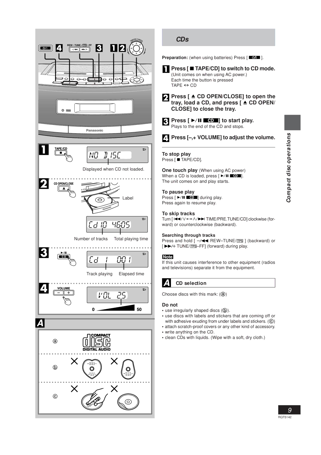 Panasonic RX-ED50 manual CDs, Press TAPE/CD to switch to CD mode, Press -,+ Volume to adjust the volume, Disc, CD selection 