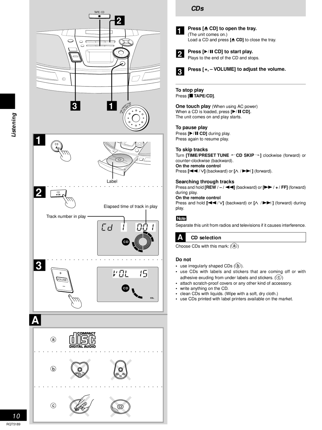 Panasonic RX-ES20 operating instructions CDs, CD selection 