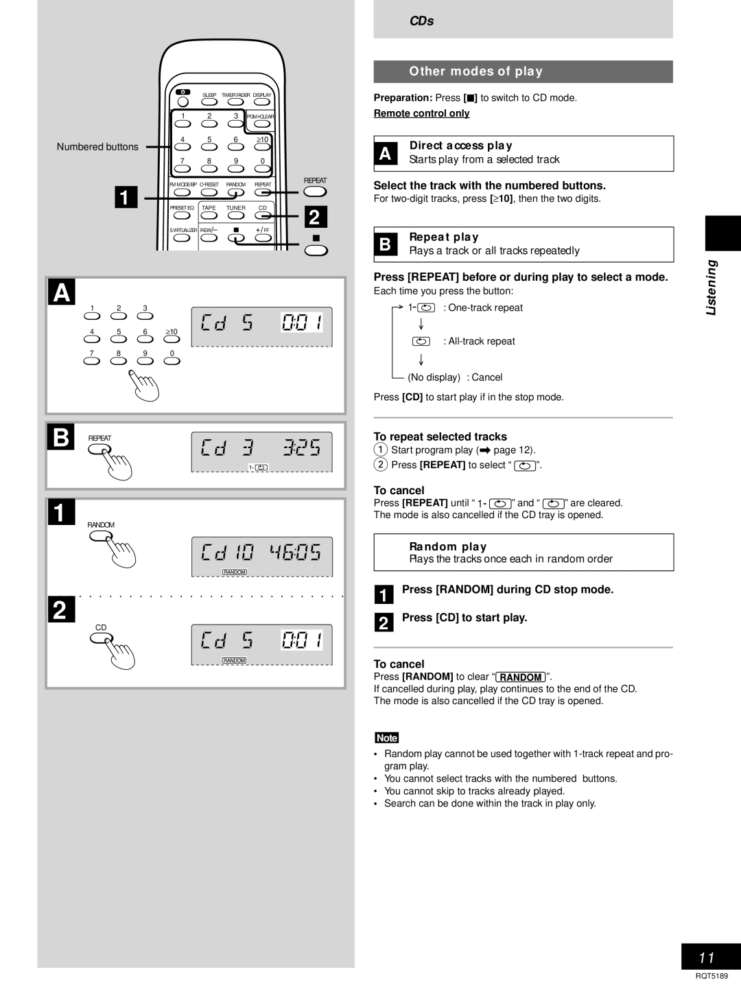 Panasonic RX-ES20 operating instructions CDs, Other modes of play, Direct access play, Repeat play, Random play 