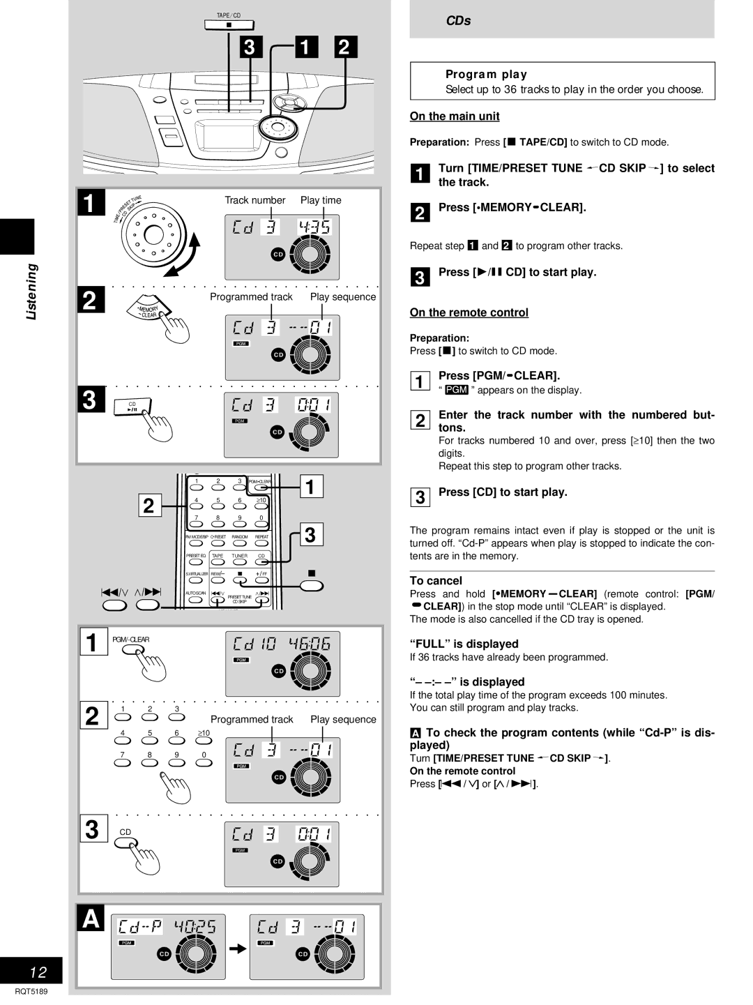 Panasonic RX-ES20 operating instructions Listening, Program play 