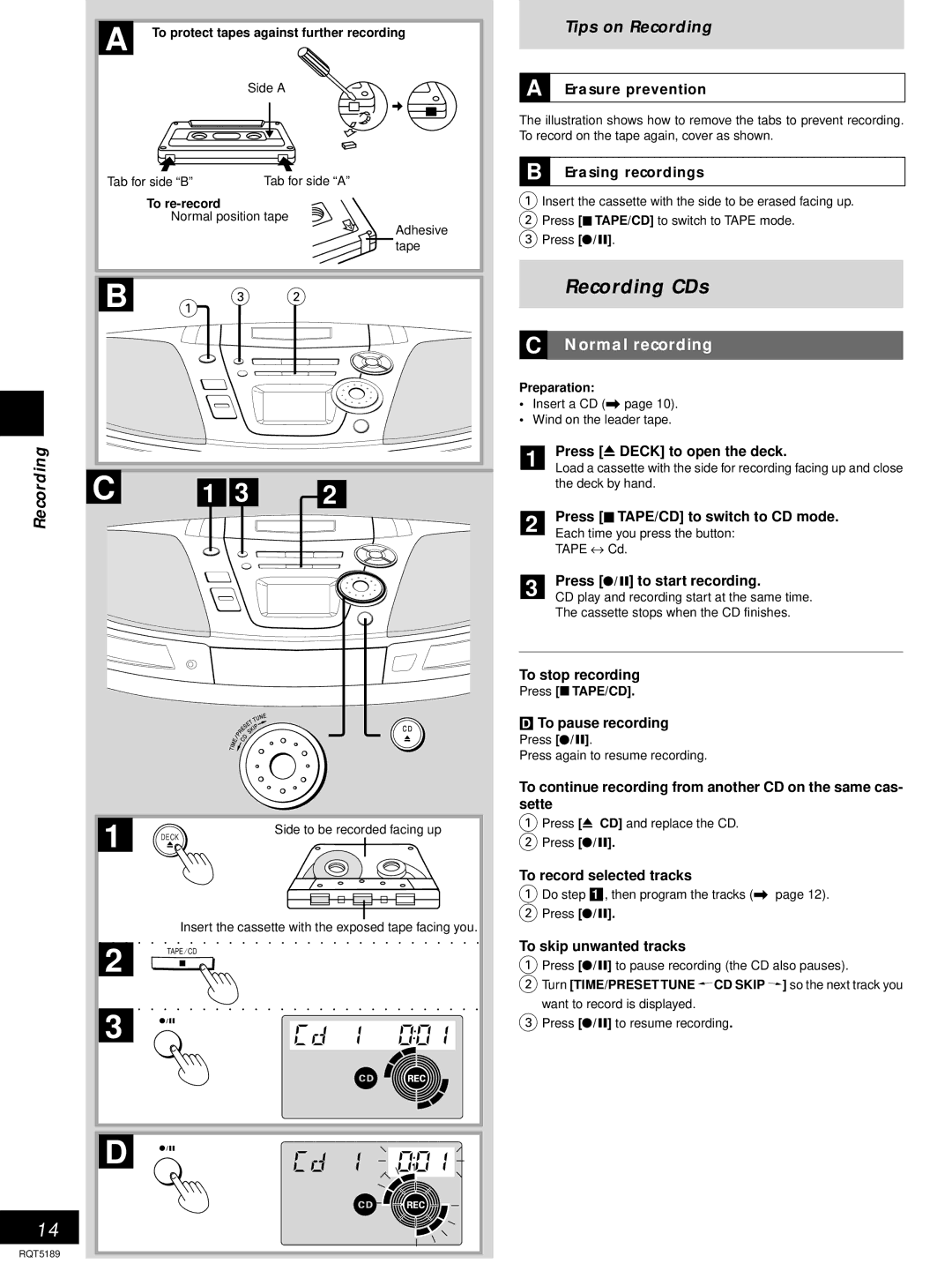 Panasonic RX-ES20 Recording CDs, Tips on Recording, Normal recording, Erasure prevention, Erasing recordings 