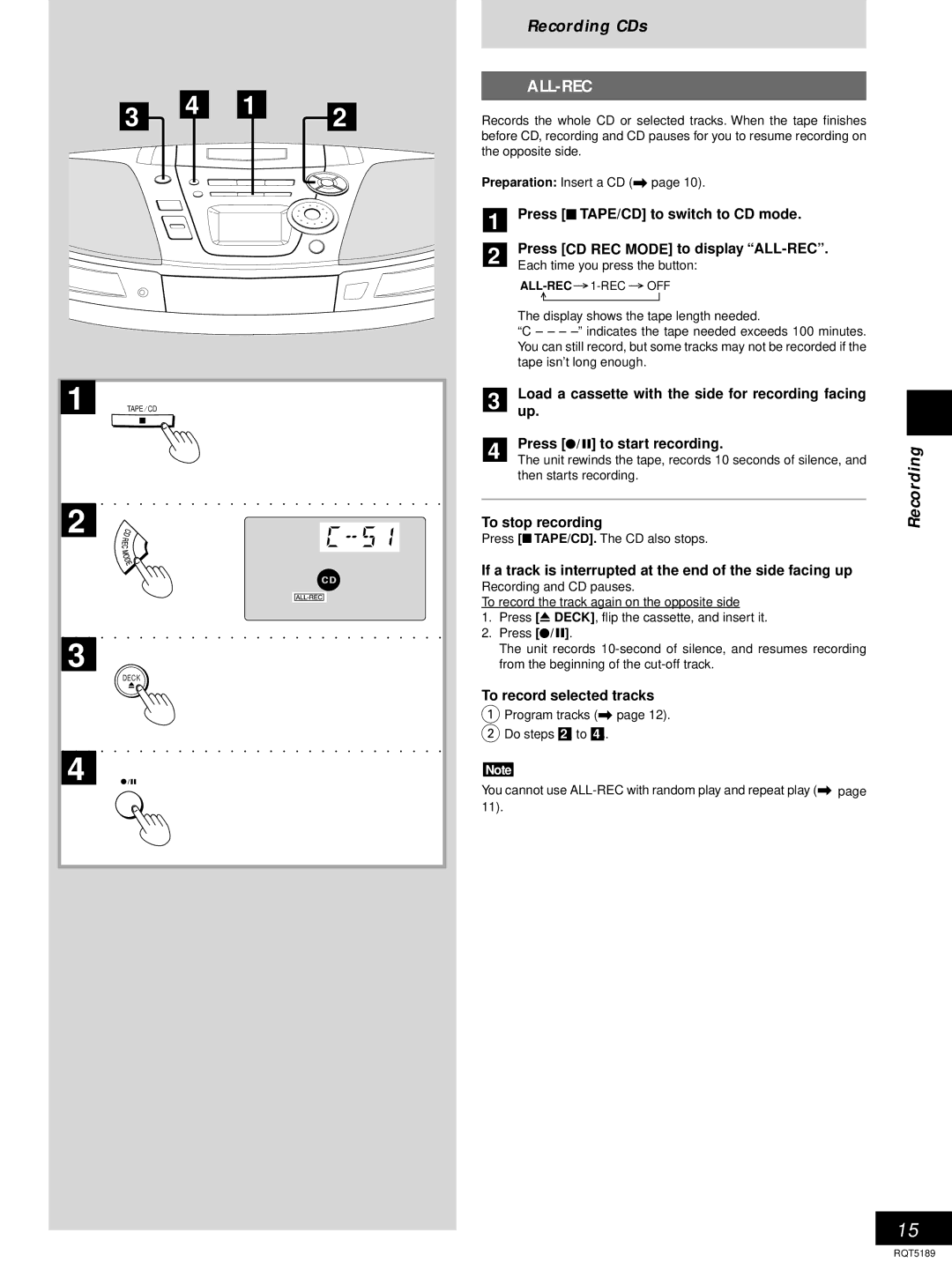 Panasonic RX-ES20 operating instructions Recording CDs, If a track is interrupted at the end of the side facing up 