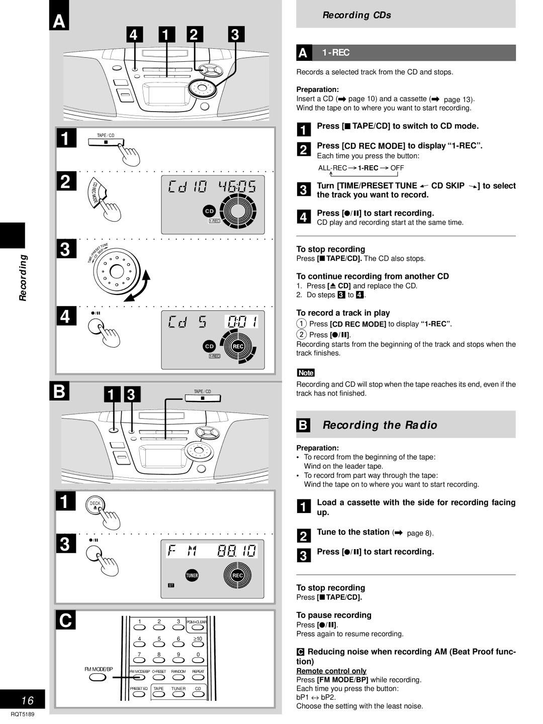 Panasonic RX-ES20 operating instructions Recording the Radio 