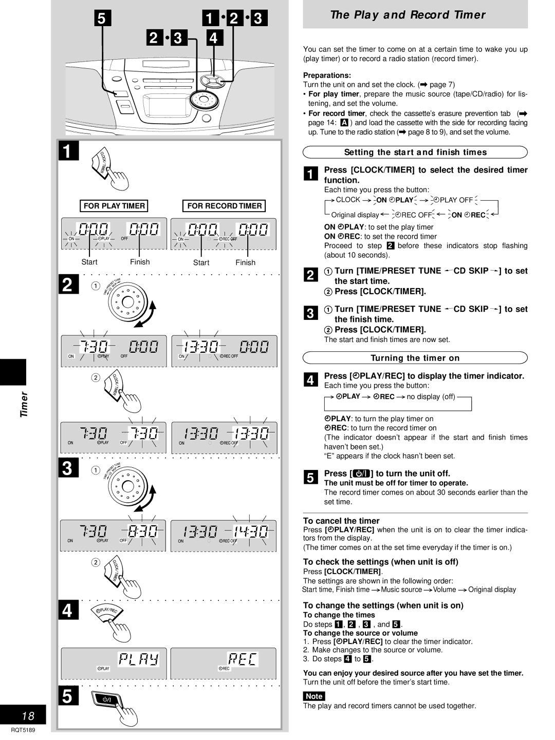 Panasonic RX-ES20 operating instructions Play and Record Timer 