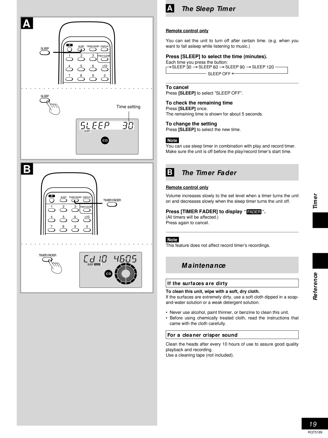 Panasonic RX-ES20 Sleep Timer, Timer Fader, Maintenance, If the surfaces are dirty, For a cleaner crisper sound 