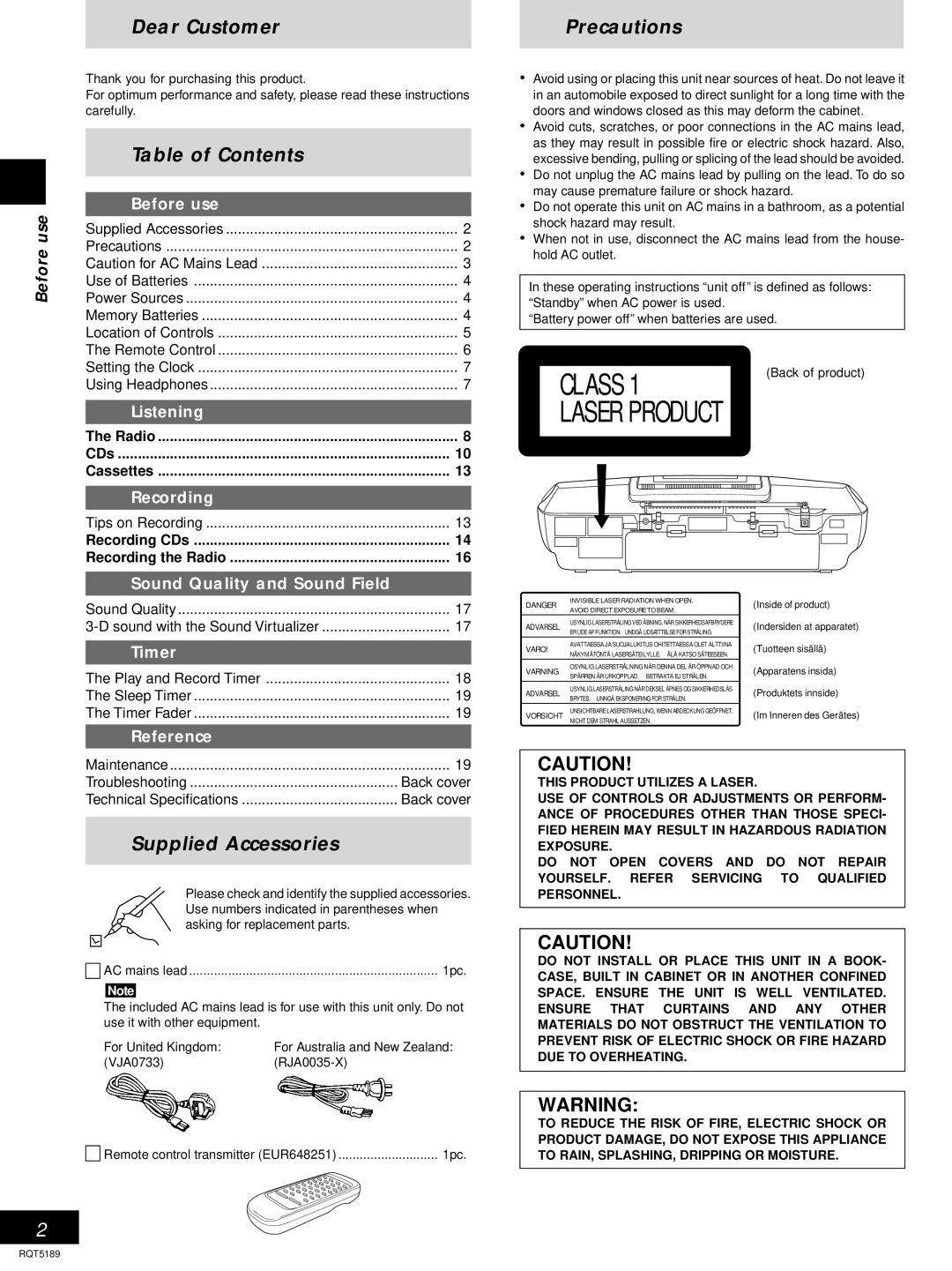 Panasonic RX-ES20 operating instructions Dear Customer Precautions, Table of Contents, Supplied Accessories 