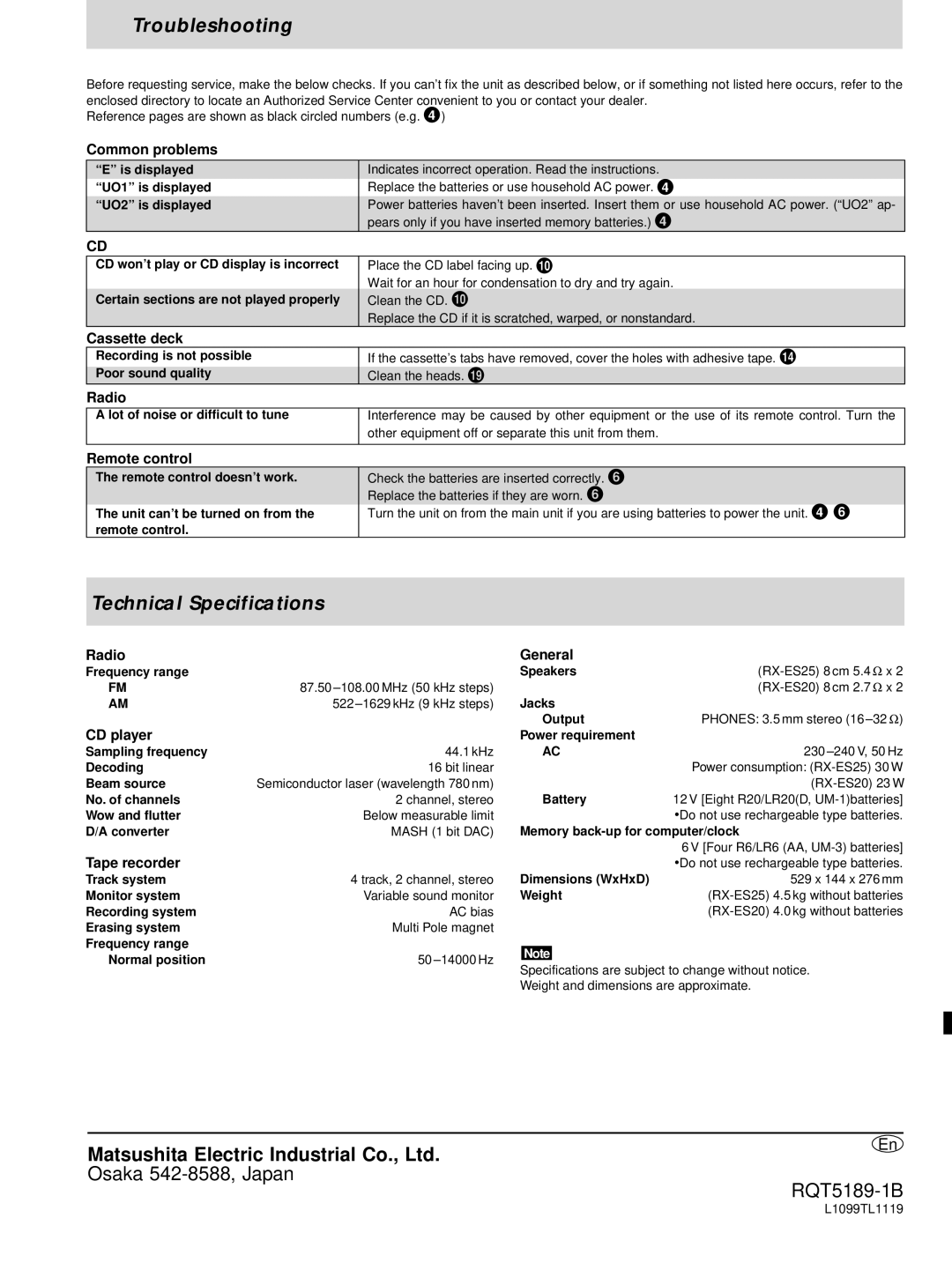 Panasonic RX-ES20 operating instructions Troubleshooting, Technical Specifications 