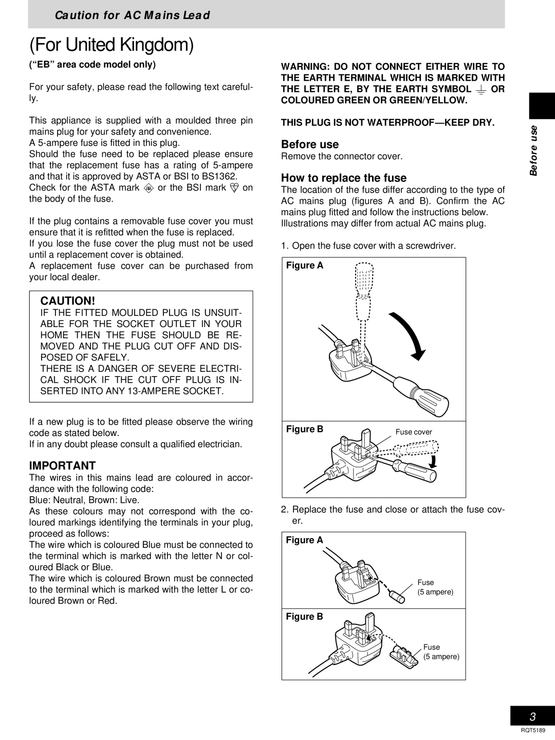 Panasonic RX-ES20 operating instructions Before use, Fuse Ampere 