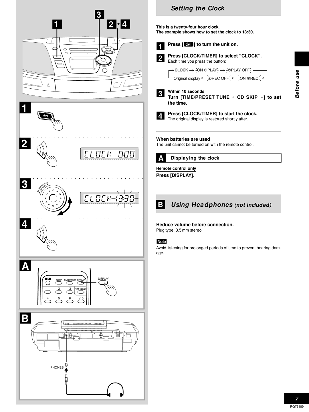 Panasonic RX-ES20 operating instructions Setting the Clock, Using Headphones not included, Displaying the clock 