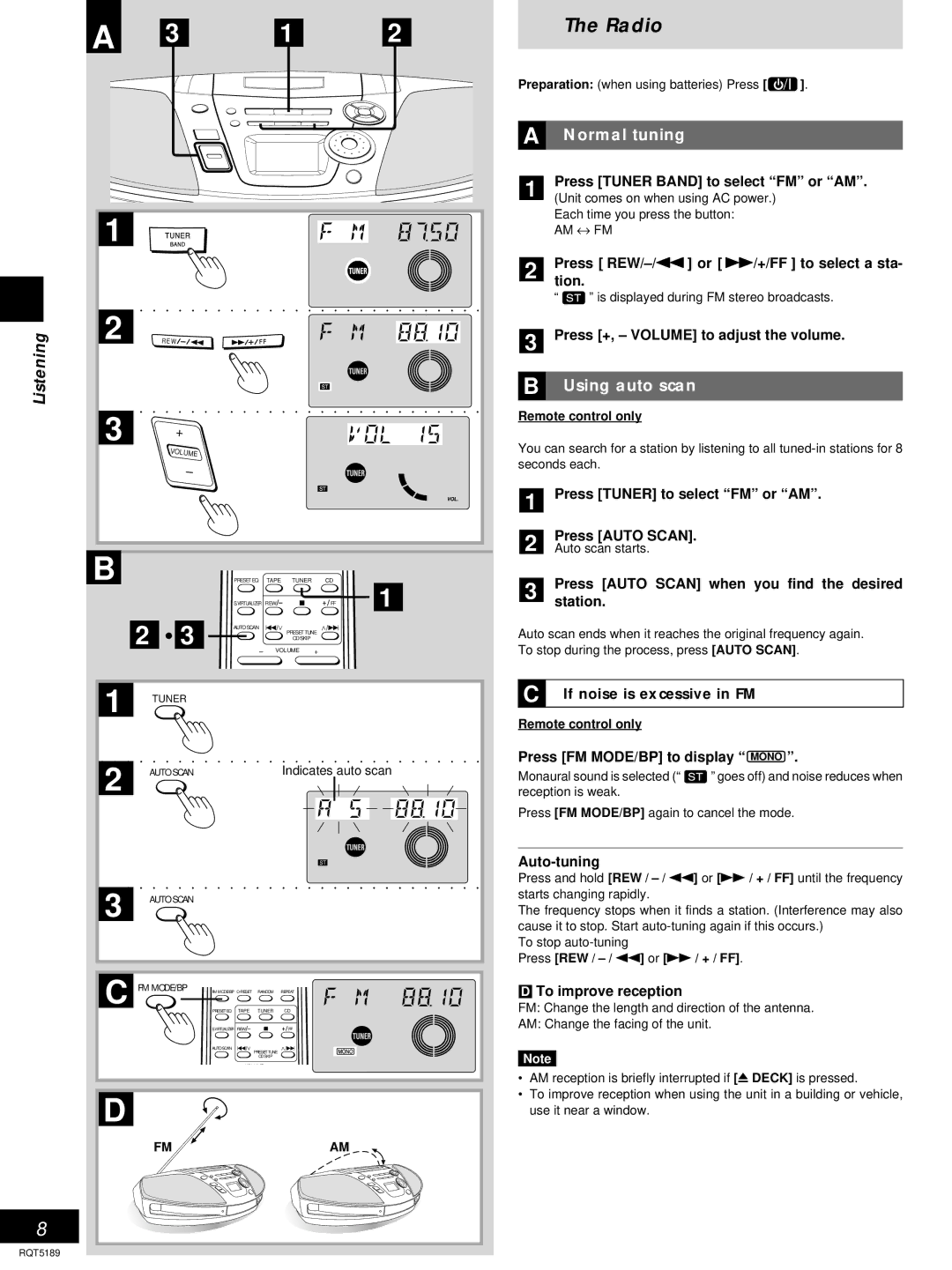 Panasonic RX-ES20 operating instructions Radio, Normal tuning, Using auto scan, If noise is excessive in FM 