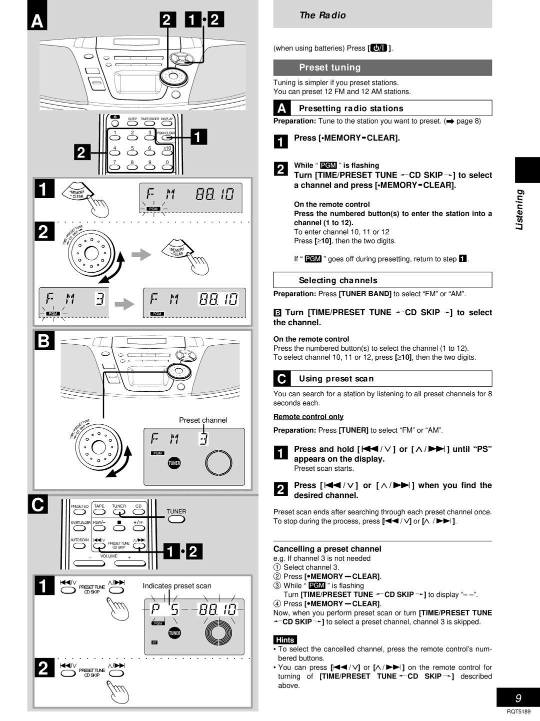 Panasonic RX-ES20 Radio, Preset tuning, Presetting radio stations, Selecting channels, Using preset scan 