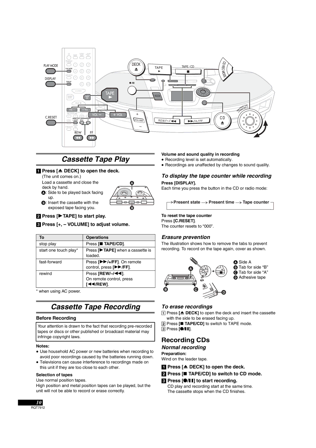 Panasonic RX-ES29, RX-ES23 Cassette Tape Play, Cassette Tape Recording, ===============n, Recording CDs 