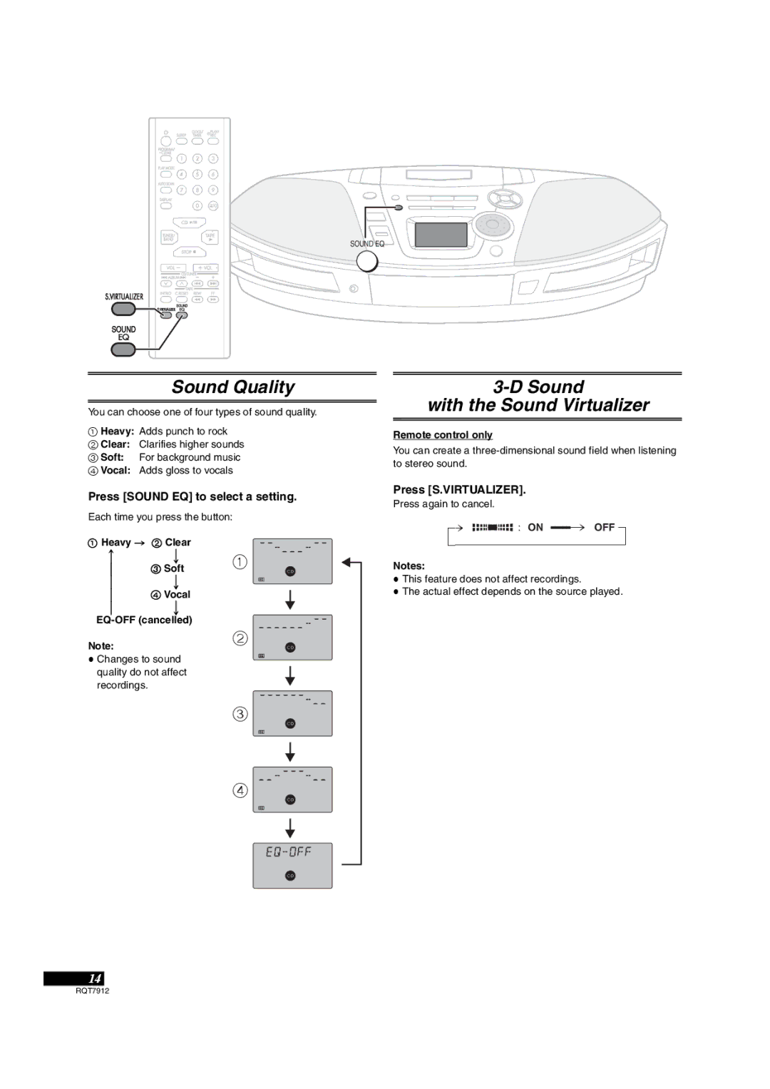 Panasonic RX-ES29 Sound Quality, Sound With the Sound Virtualizer, On =====# OFF, Press Sound EQ to select a setting 