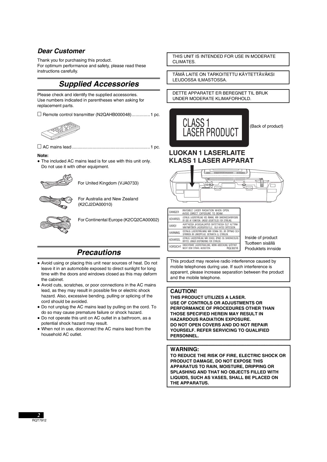 Panasonic RX-ES29, RX-ES23 operating instructions Supplied Accessories, Precautions 