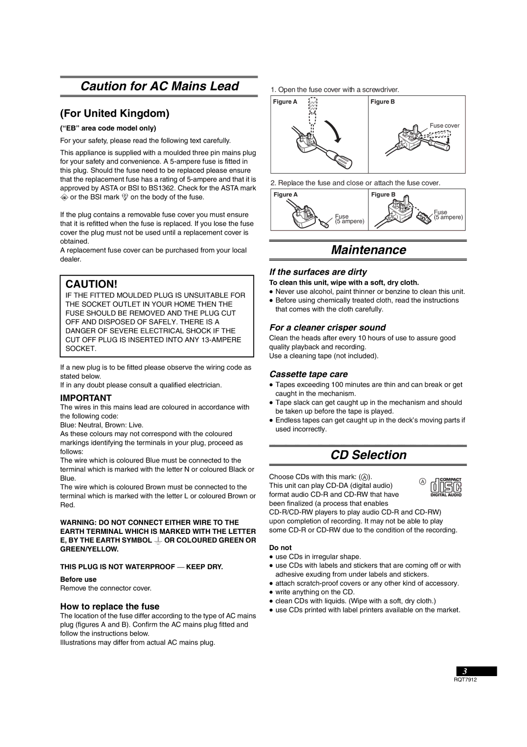 Panasonic RX-ES23, RX-ES29 operating instructions Maintenance, CD Selection, For United Kingdom 