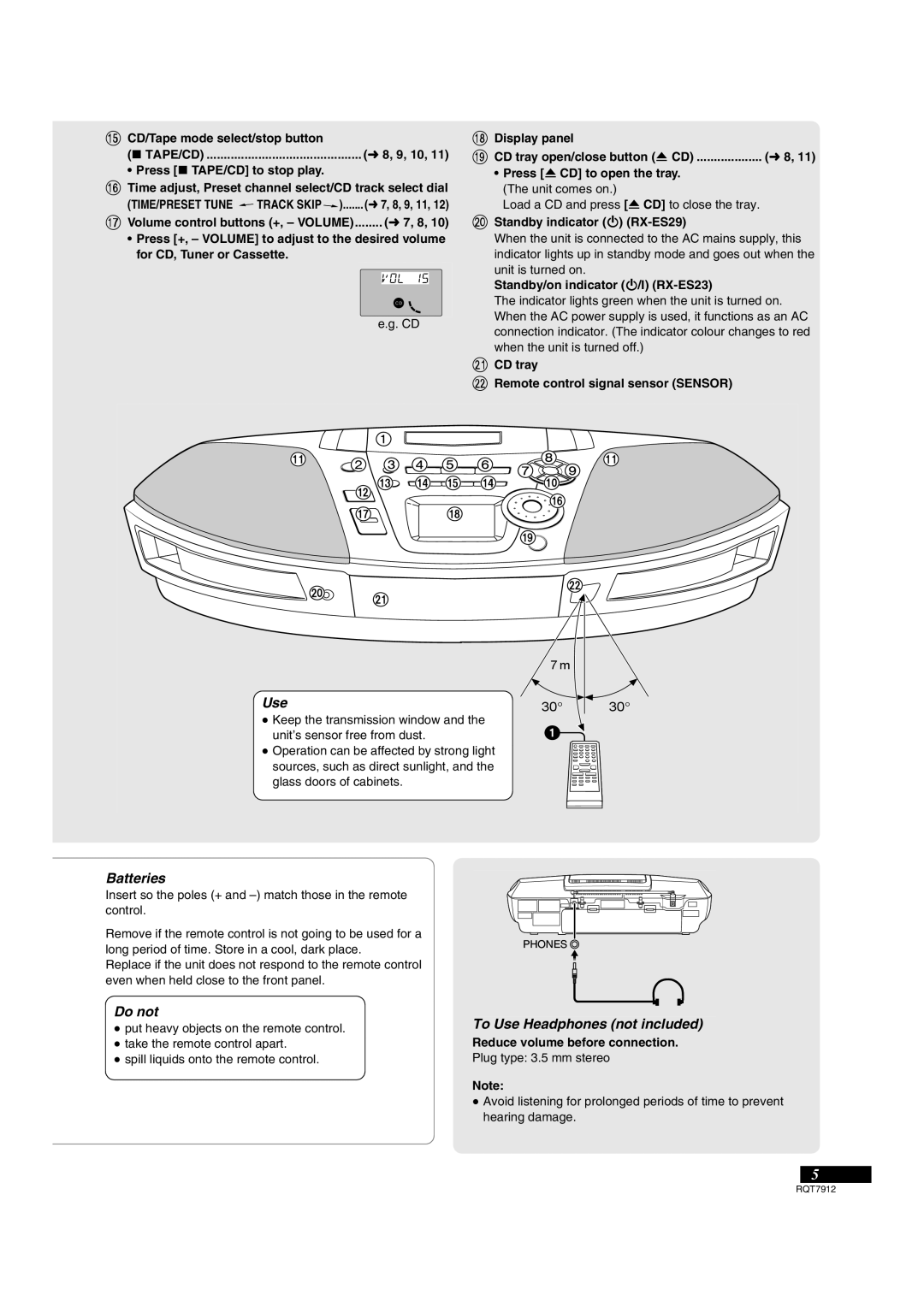 Panasonic Standby indicator Í RX-ES29, Standby/on indicator Í/I RX-ES23, CD tray Remote control signal sensor Sensor 