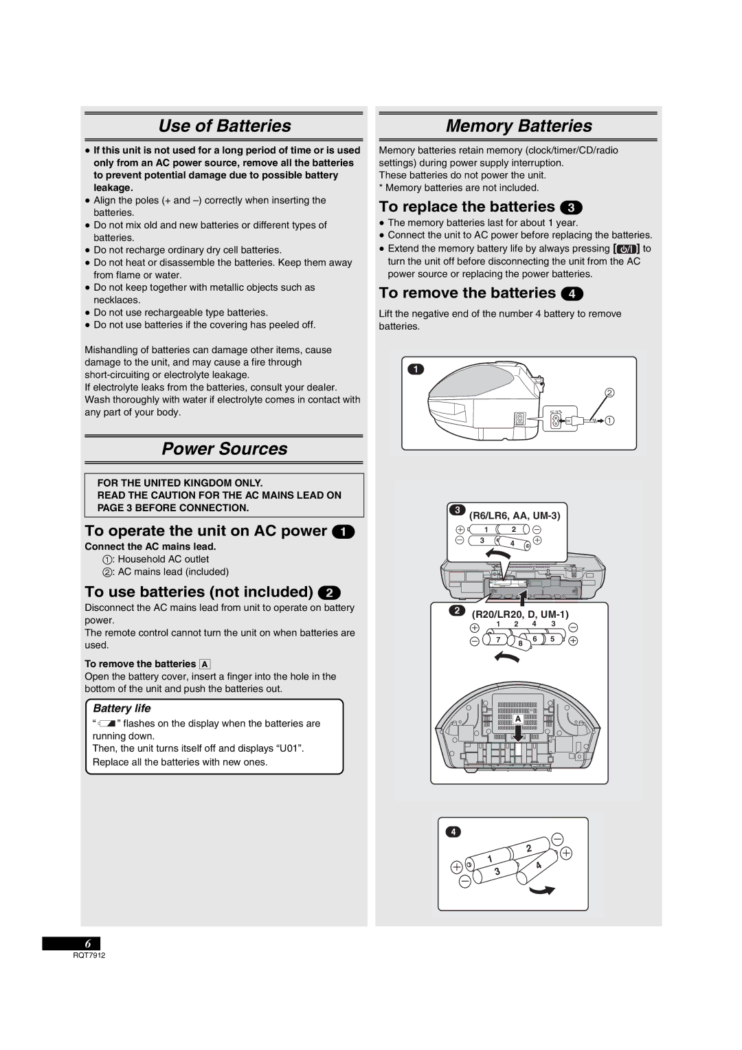 Panasonic RX-ES29, RX-ES23 operating instructions Use of Batteries, Power Sources, Memory Batteries 