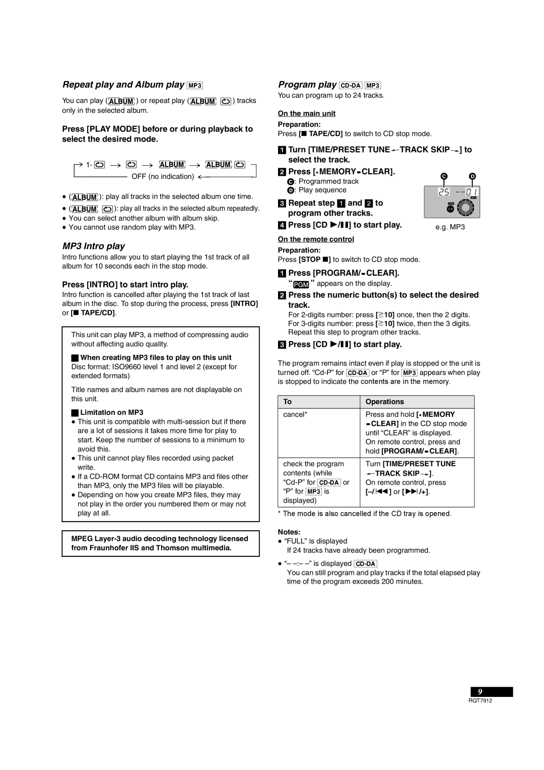 Panasonic RX-ES23, RX-ES29 # #, Repeat play and Album play MP3, MP3 Intro play, Program play CD-DA MP3 