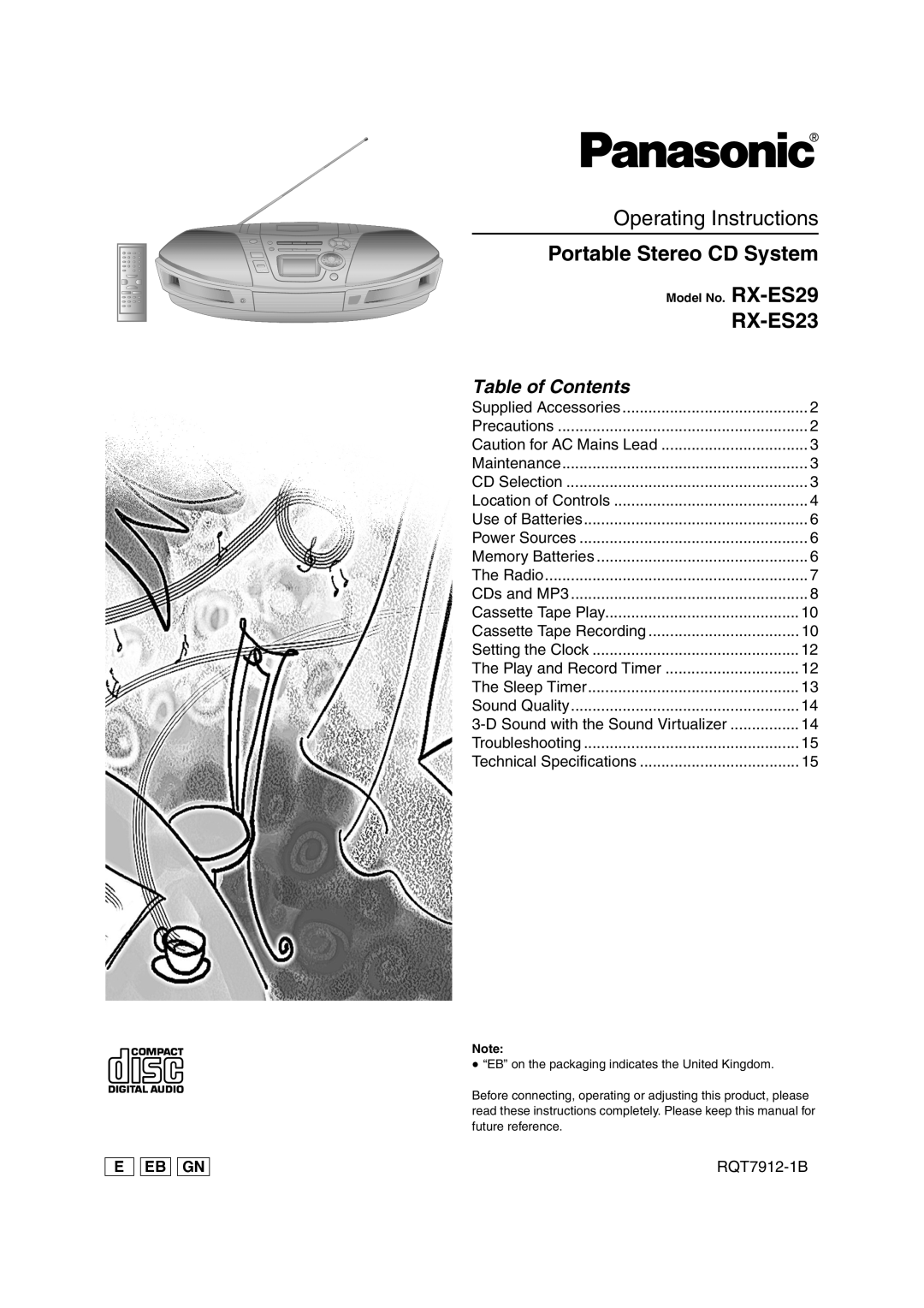 Panasonic RX-ES23 operating instructions Table of Contents, E Eb Gn, Operating Instructions, Portable Stereo CD System 