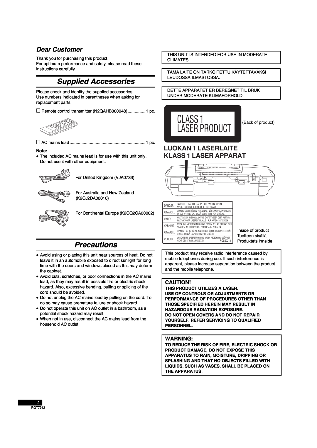 Panasonic RX-ES29, RX-ES23 operating instructions Supplied Accessories, Precautions 