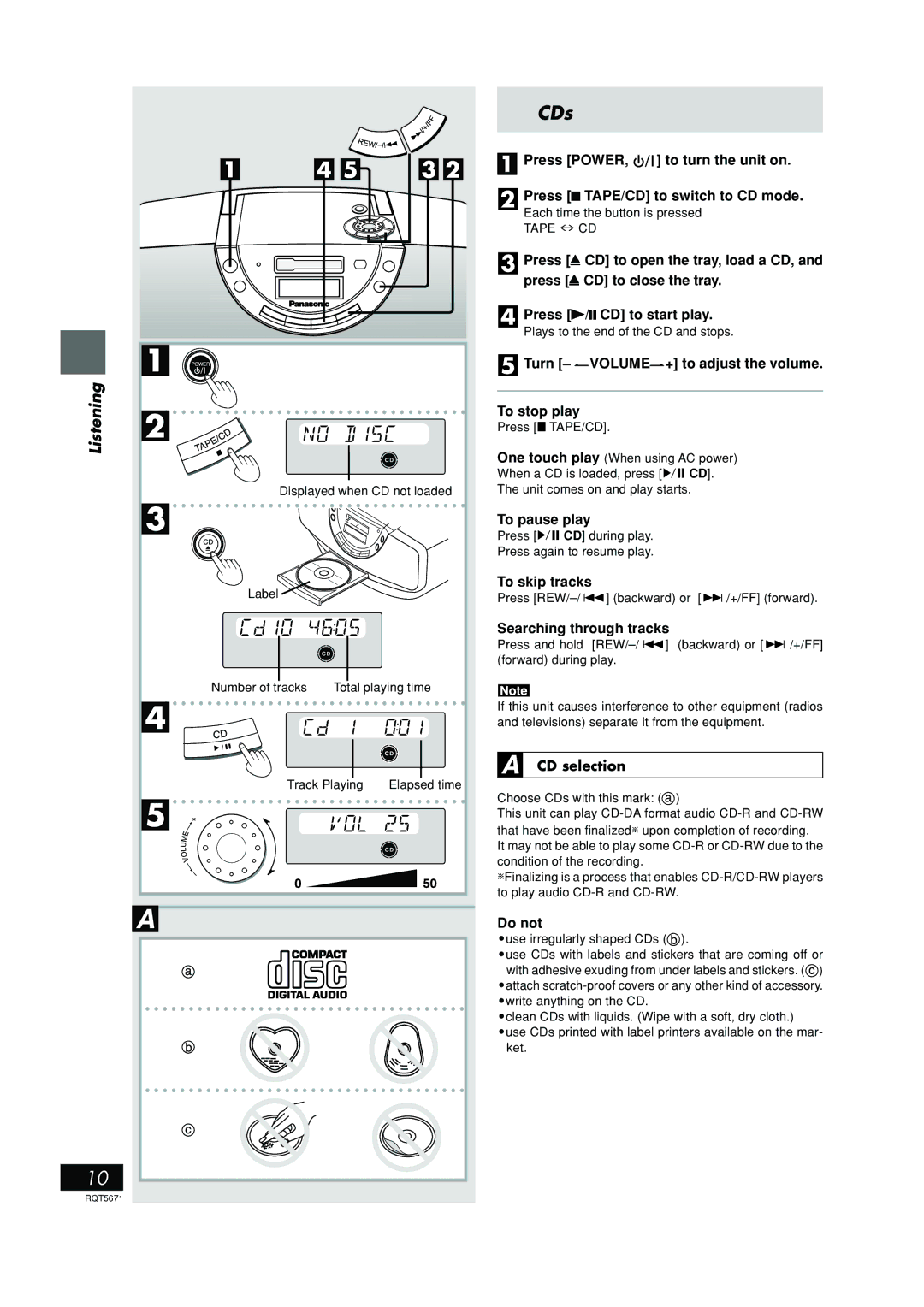 Panasonic RX-EX1 operating instructions CDs, Listening 