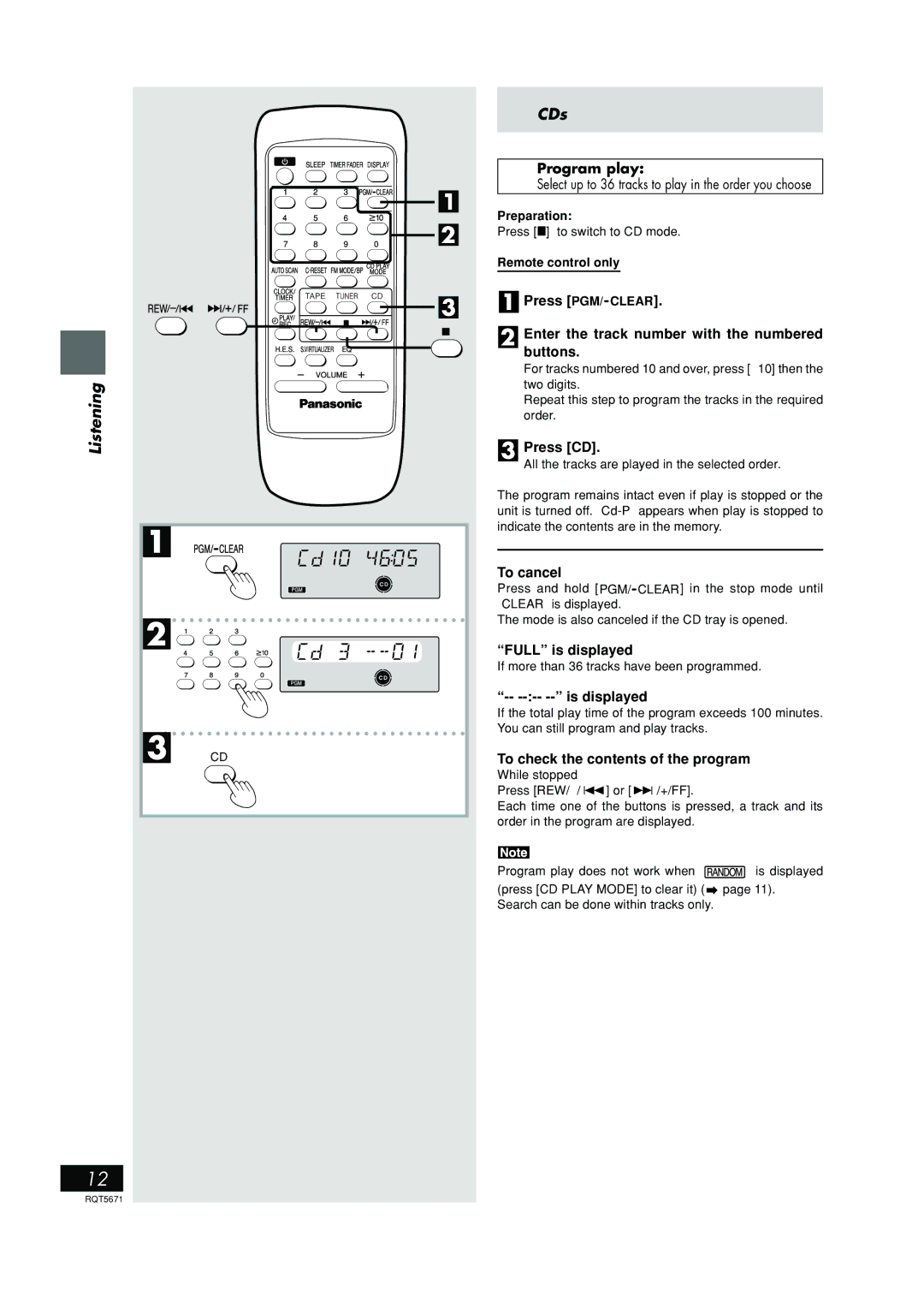 Panasonic RX-EX1 Program play, Press CD, Full is displayed, Is displayed, To check the contents of the program 