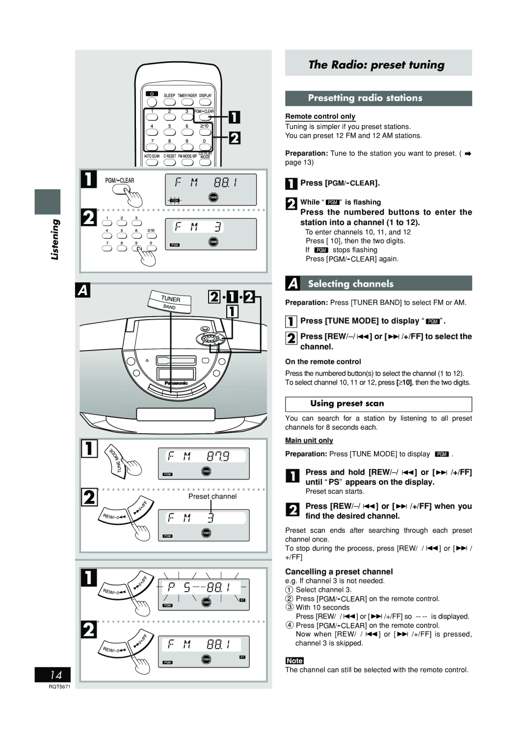 Panasonic RX-EX1 operating instructions Radio preset tuning, Presetting radio stations, Selecting channels 