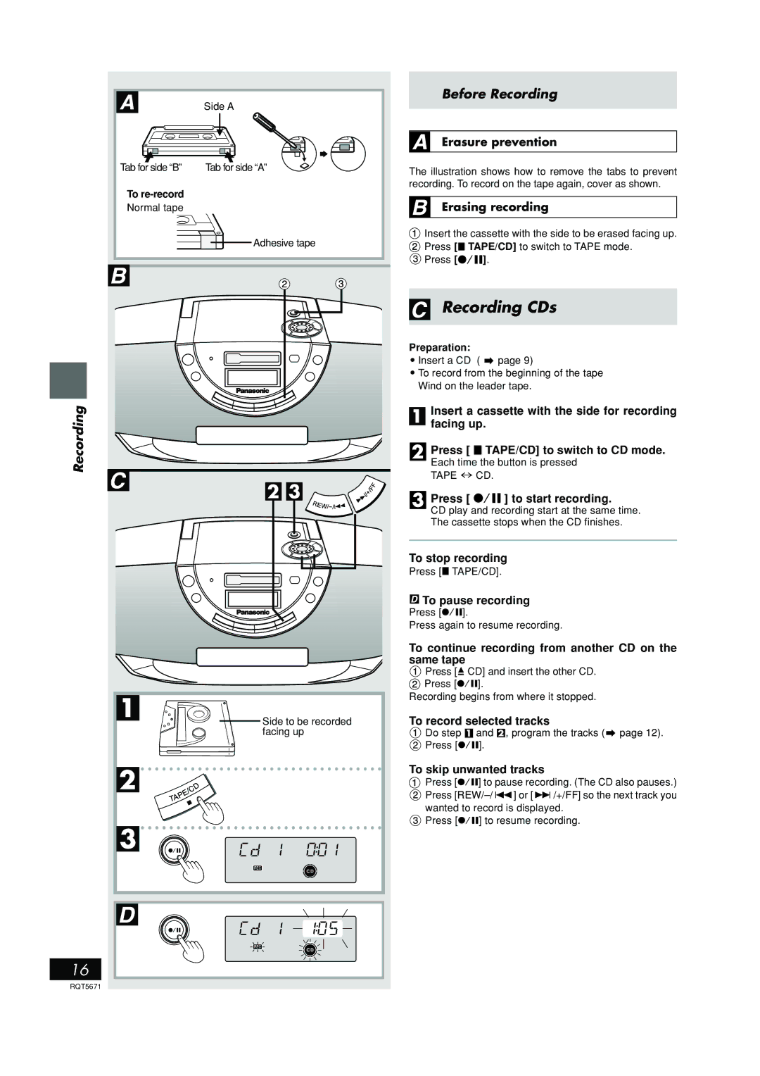 Panasonic RX-EX1 operating instructions Recording CDs, Before Recording 