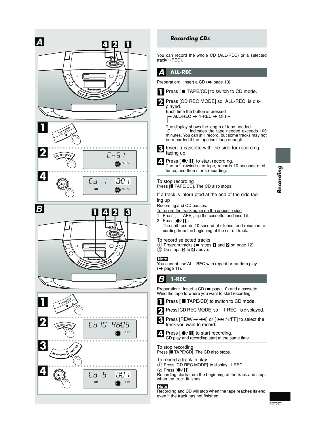 Panasonic RX-EX1 Recording CDs, Insert a cassette with the side for recording facing up, To record a track in play 