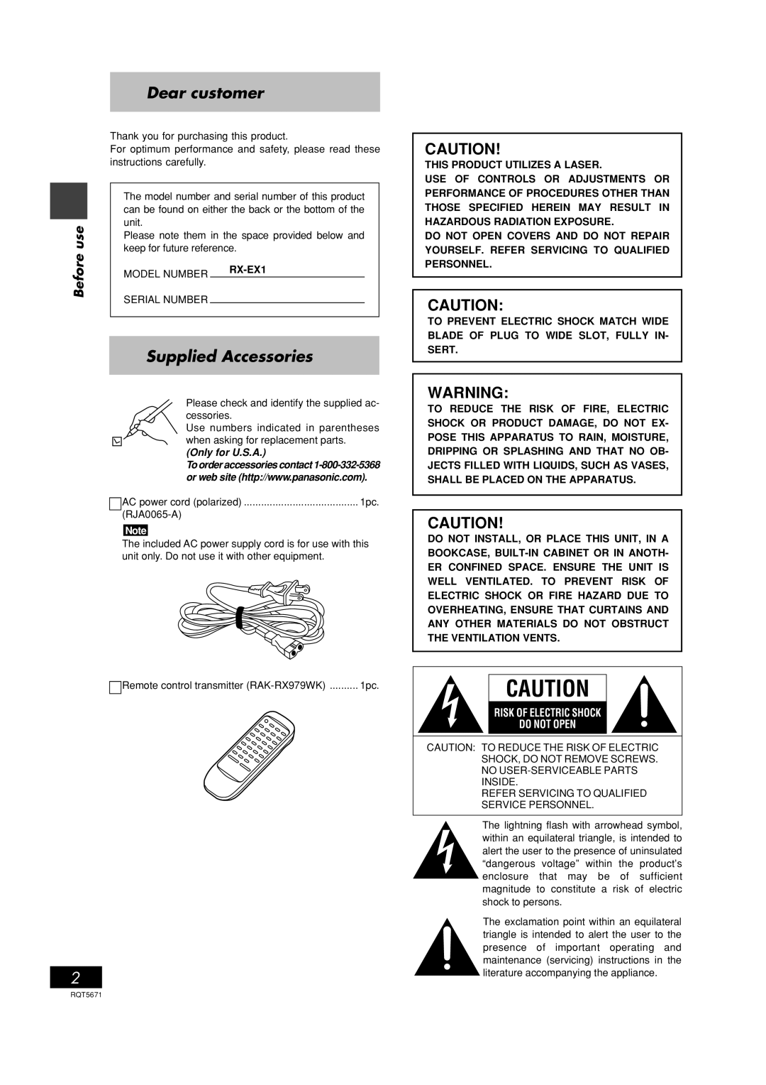 Panasonic RX-EX1 operating instructions Dear customer, Supplied Accessories 