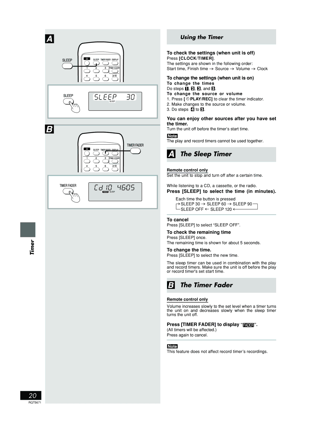 Panasonic RX-EX1 operating instructions Sleep Timer, Timer Fader, Using the Timer 