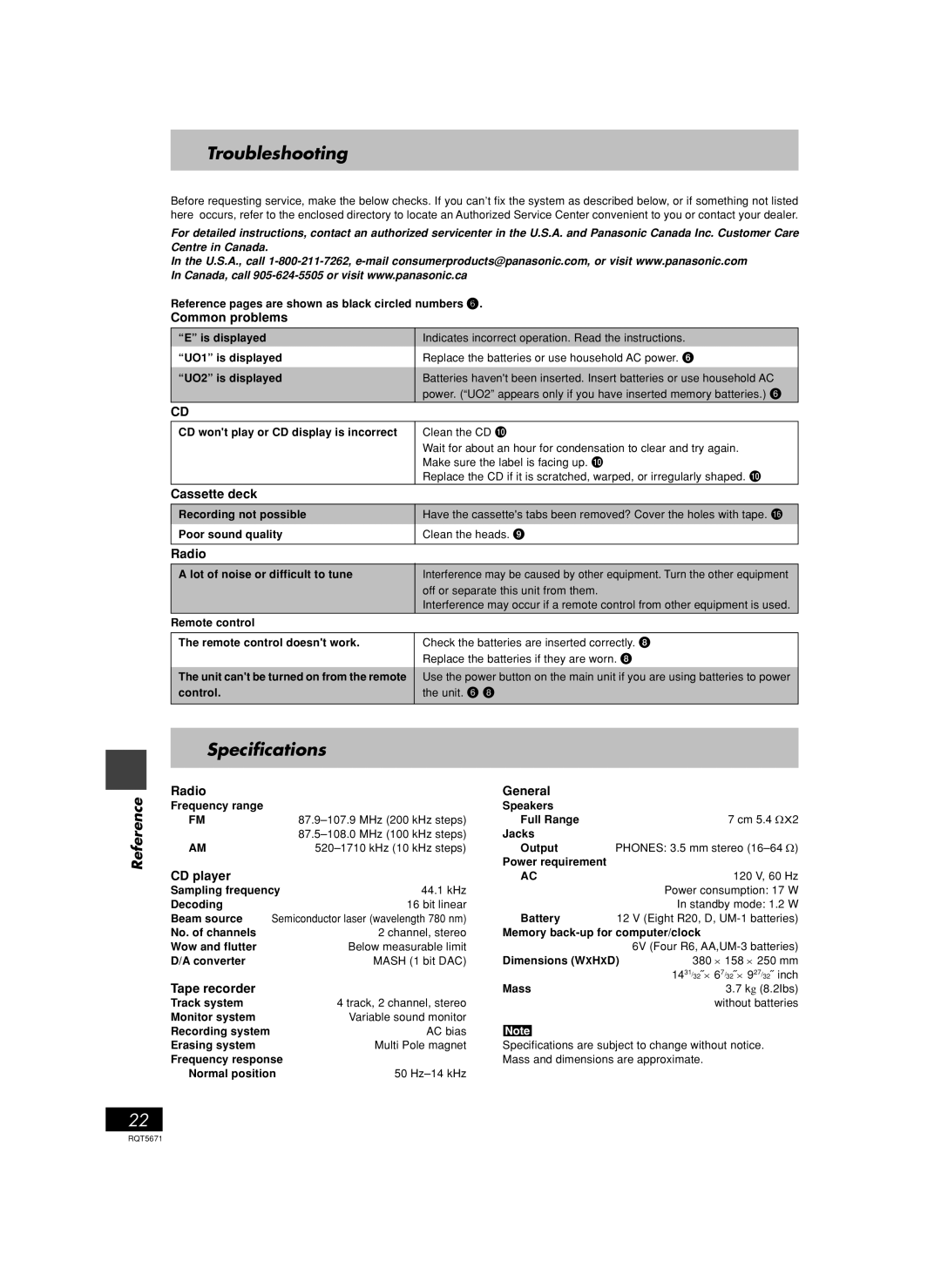 Panasonic RX-EX1 operating instructions Troubleshooting, Specifications 