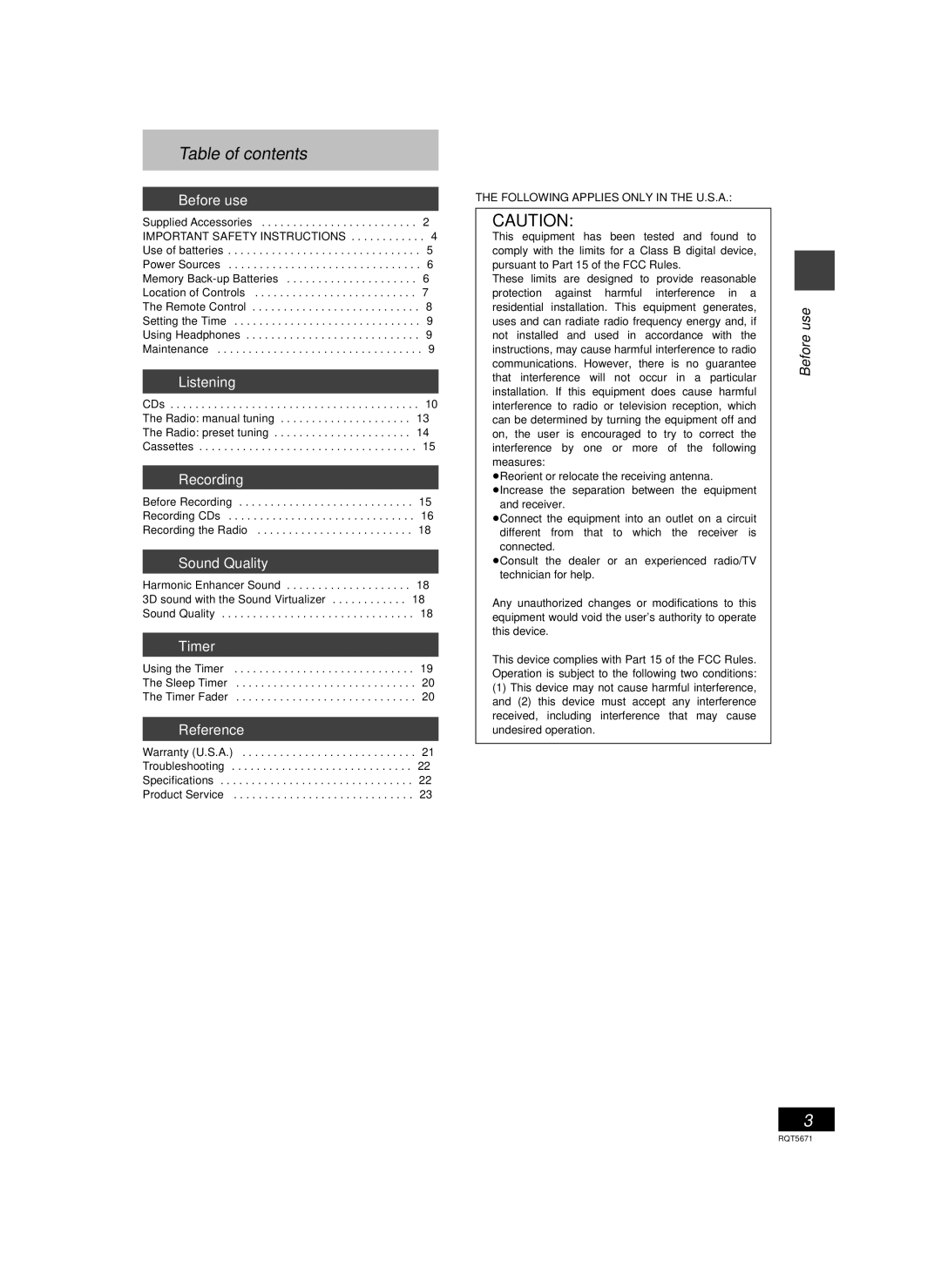 Panasonic RX-EX1 operating instructions Table of contents 