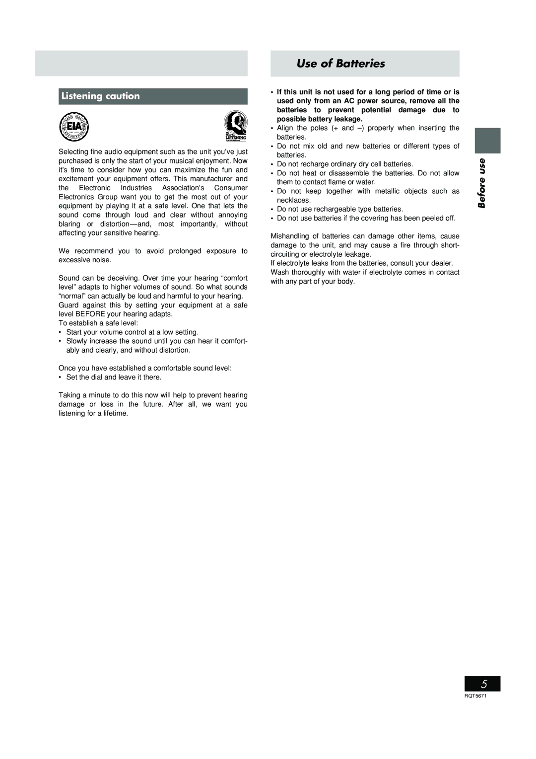 Panasonic RX-EX1 operating instructions Use of Batteries, Listening caution 