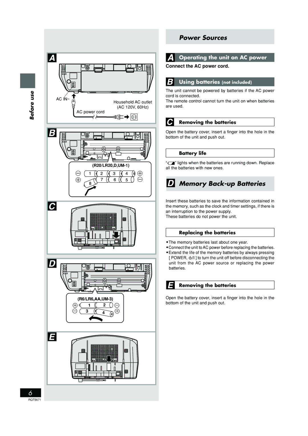 Panasonic RX-EX1 operating instructions Power Sources, Memory Back-up Batteries, Use, Before 