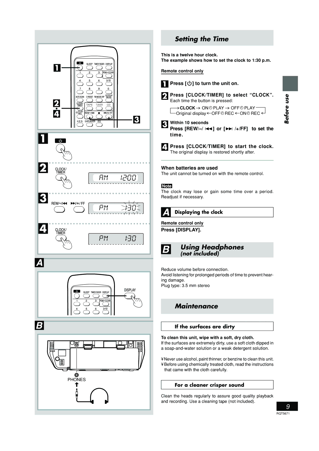 Panasonic RX-EX1 operating instructions Setting the Time, Using Headphones, Maintenance, Not included 