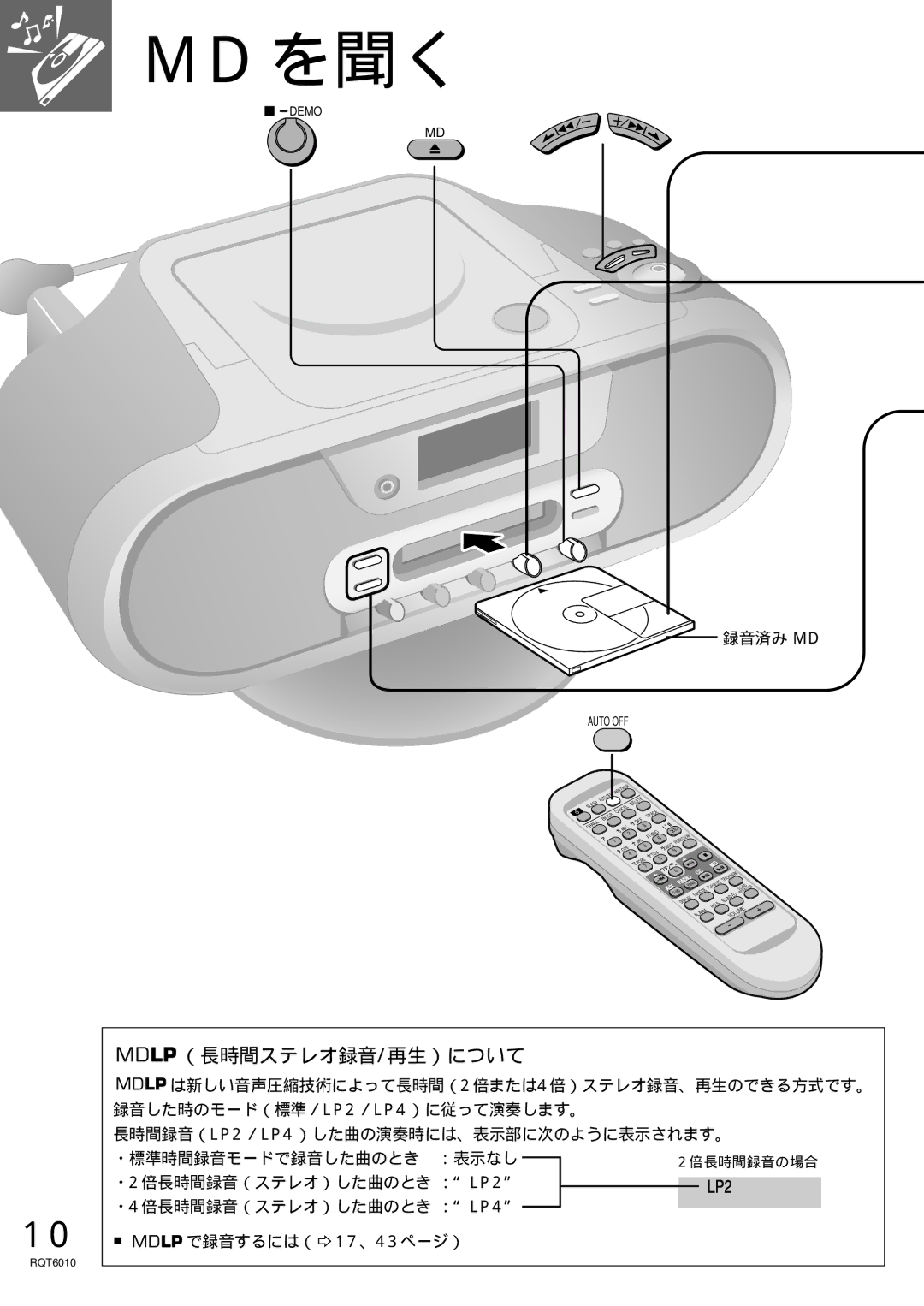 Panasonic RX-MDX55 録音済み Md, 長時間録音（LP2／LP4）した曲の演奏時には、表示部に次のように表示されます。, ・標準時間録音モードで録音した曲のとき ：表示なし, ・2倍長時間録音（ステレオ）した曲のとき ：LP2 