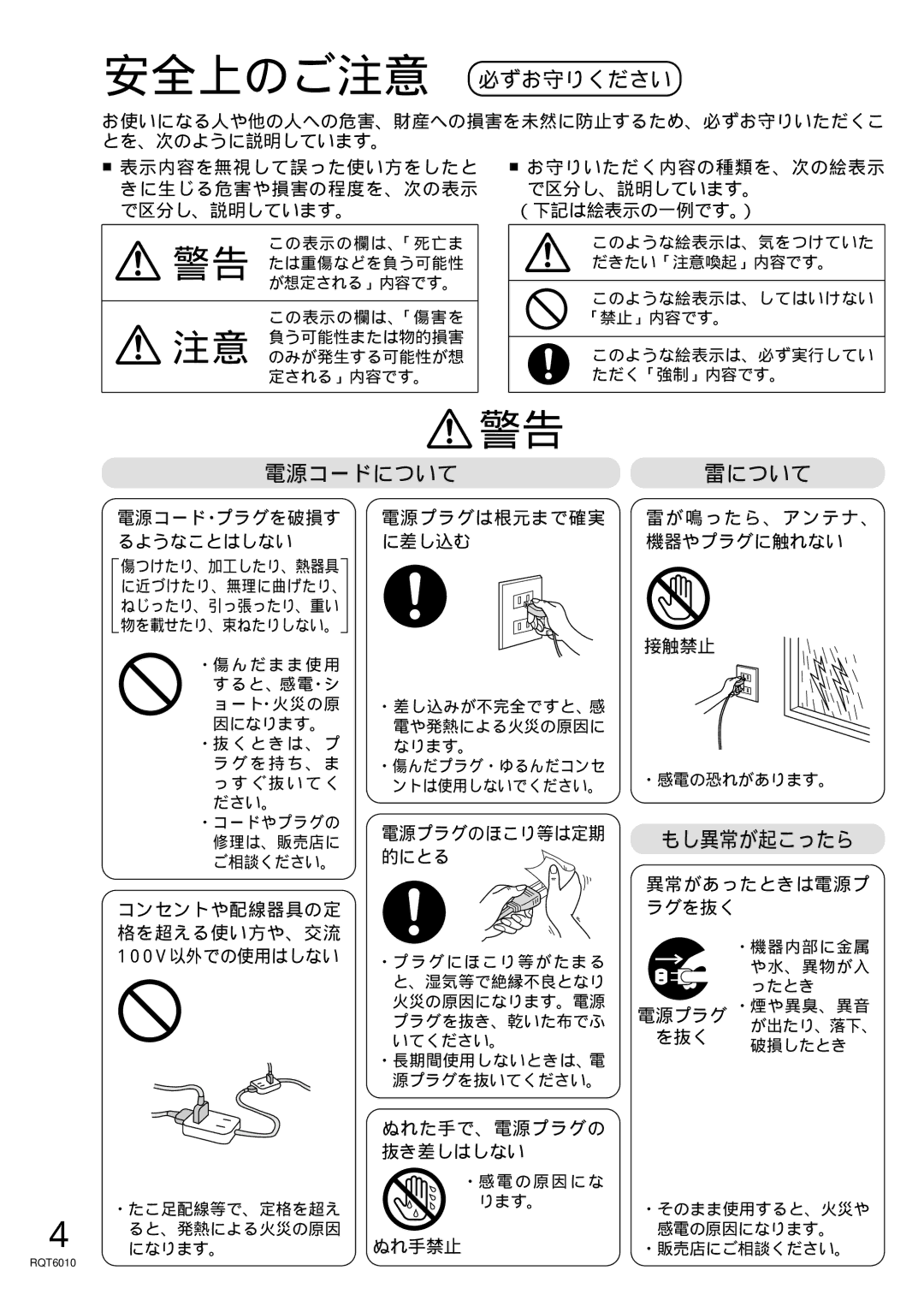 Panasonic RX-MDX55 manual お守りいただく内容の種類を、次の絵表示 で区分し、説明しています。 （下記は絵表示の一例です。）, 電源コード・プラグを破損す 電源プラグは根元まで確実 るようなことはしない に差し込む 