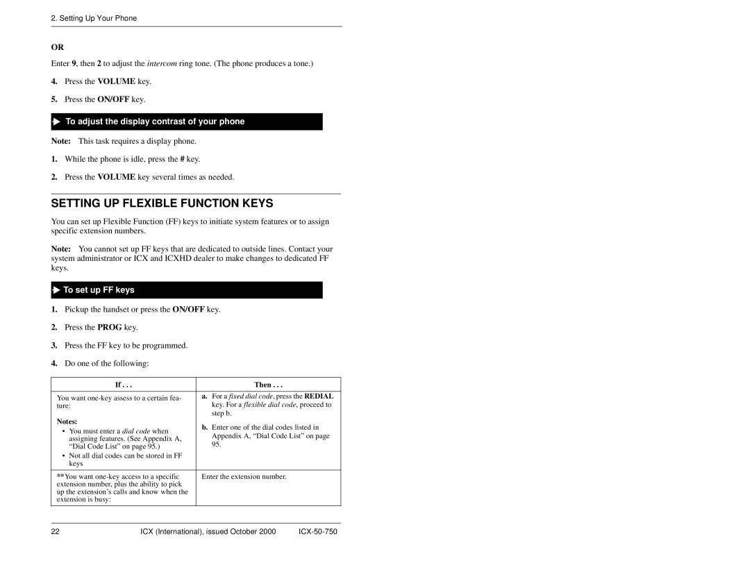 Panasonic S-ICX Setting UP Flexible Function Keys, To adjust the display contrast of your phone, To set up FF keys, Then 