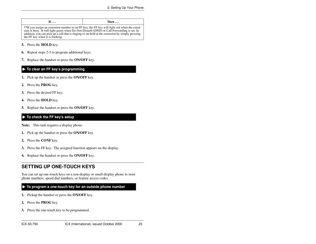 Panasonic S-ICX manual Setting UP ONE-TOUCH Keys, To clear an FF key’s programming, To check the FF key’s setup 