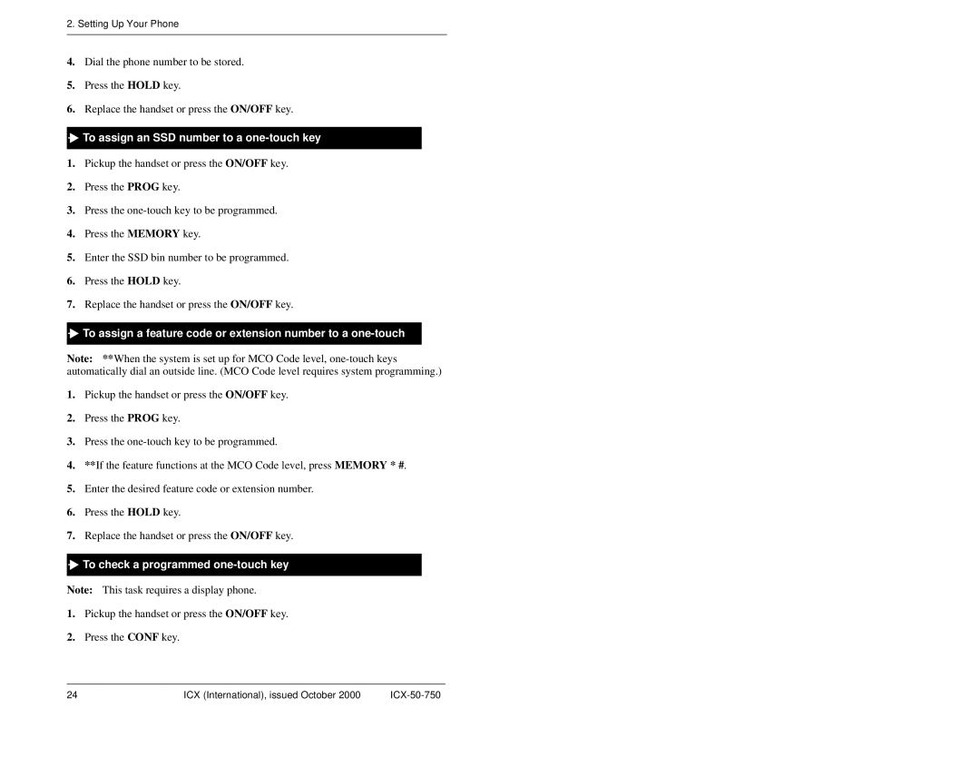 Panasonic S-ICX To assign an SSD number to a one-touch key, To assign a feature code or extension number to a one-touch 